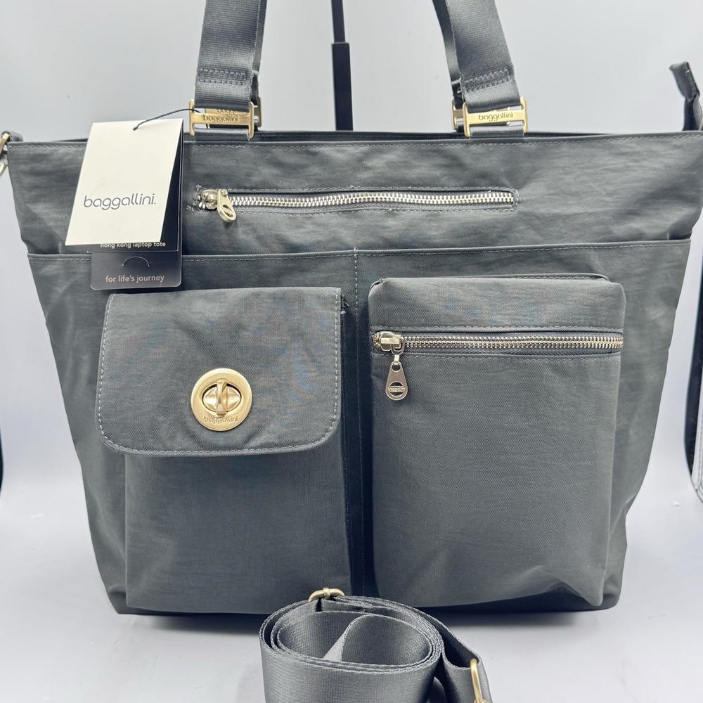 NWT Baggallini HONG KONG Laptop Tote Travel Bag & Wristlet Grey & Gold Crossbody